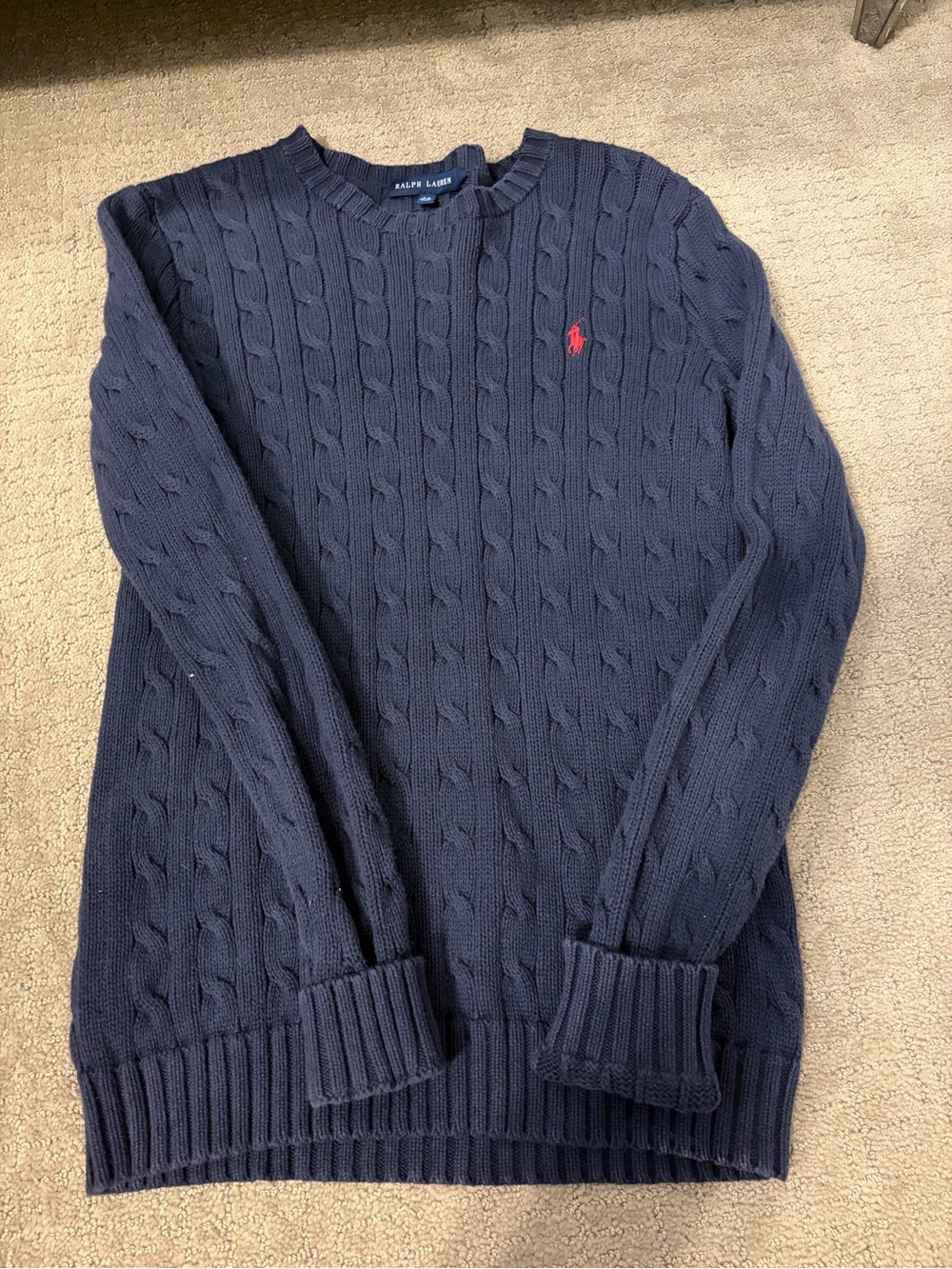 Ralph Lauren Navy Cable Crewneck Sweater with Red Pony